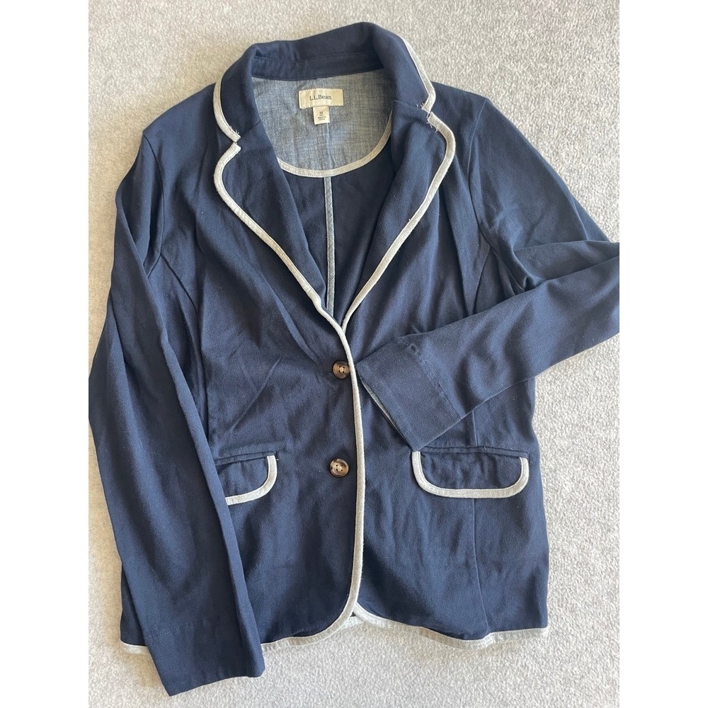 LL Bean Womens Navy Blue Cotton Knit Blazer Contrast Trim Jacket M 286454